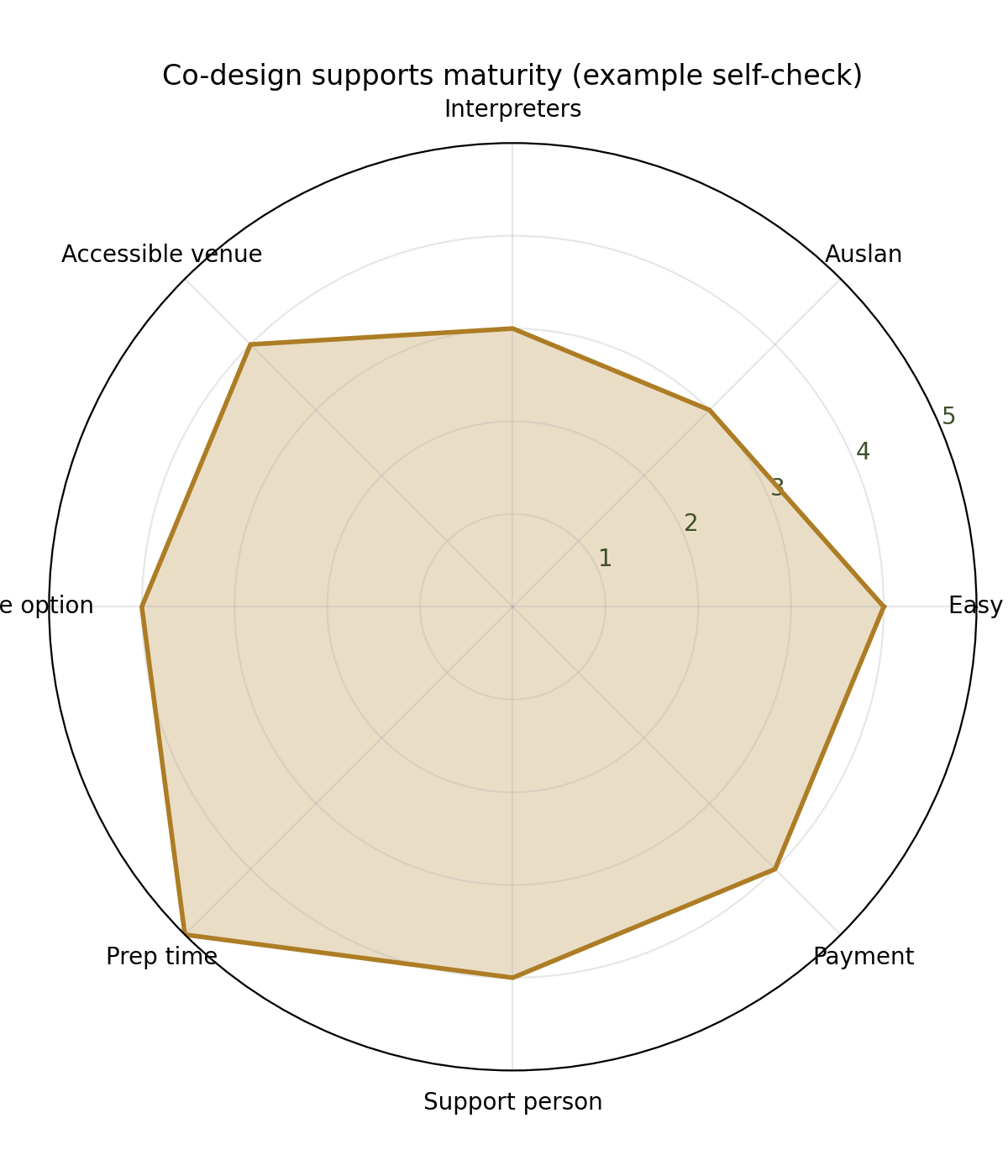 Radar chart showing co-design support maturity across accessibility, prep time, and payment.