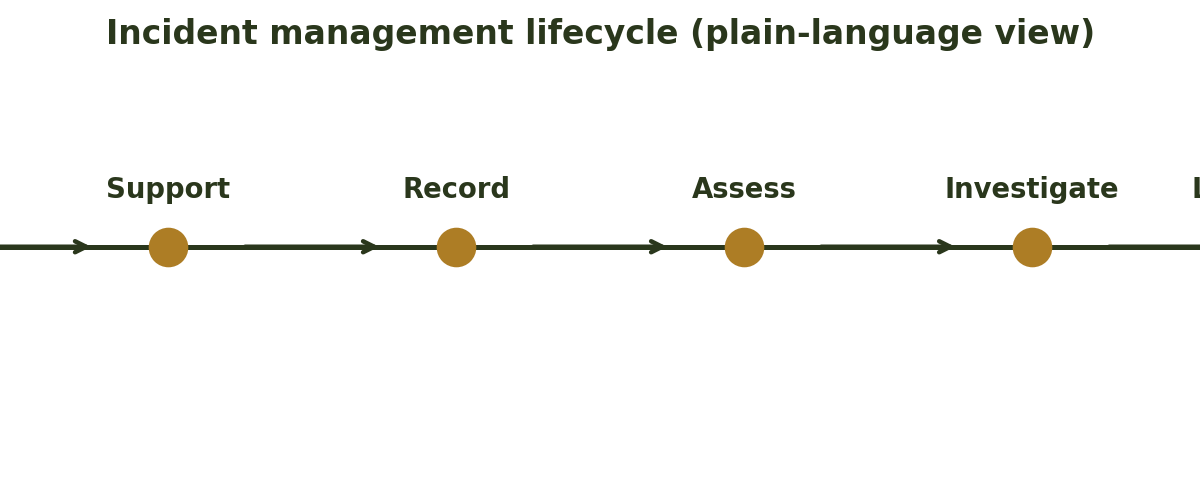 Timeline diagram showing the incident management lifecycle: identify, support, record, assess, investigate, learn and improve