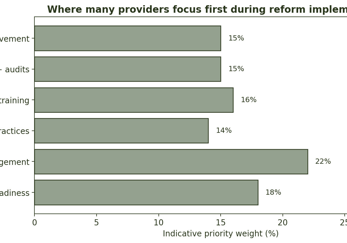 Horizontal bar chart showing indicative priority weights for provider reform implementation areas