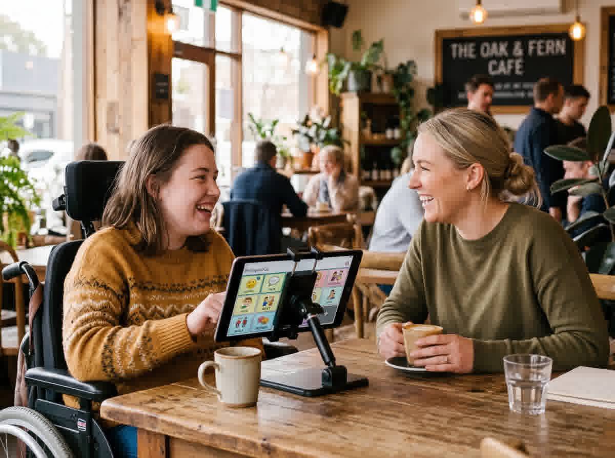 A young woman with an AAC device ordering at a café counter, supported by a disability support worker who waits respectfully while she communicates her choice.