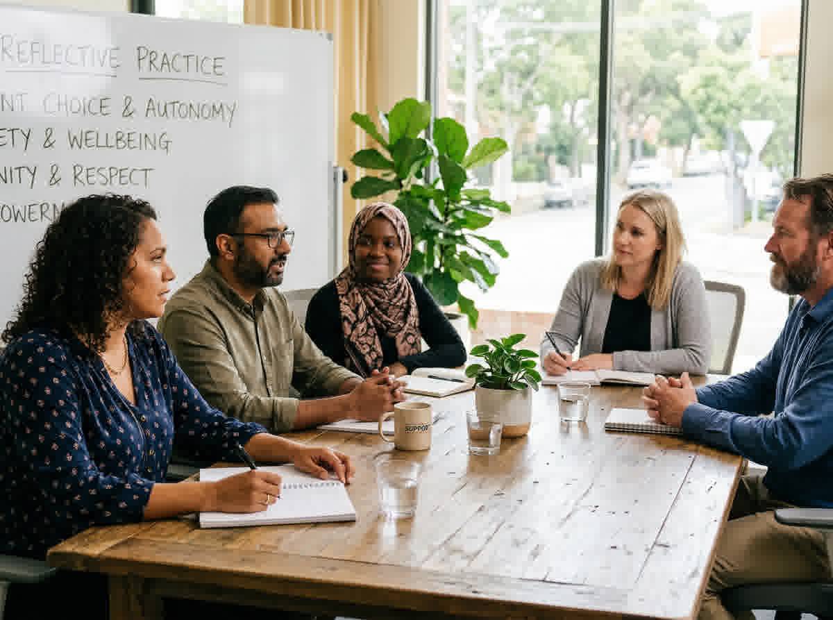 A diverse disability support team gathered around a table for a reflective practice session, reviewing documentation together in a warm, light-filled community meeting room.