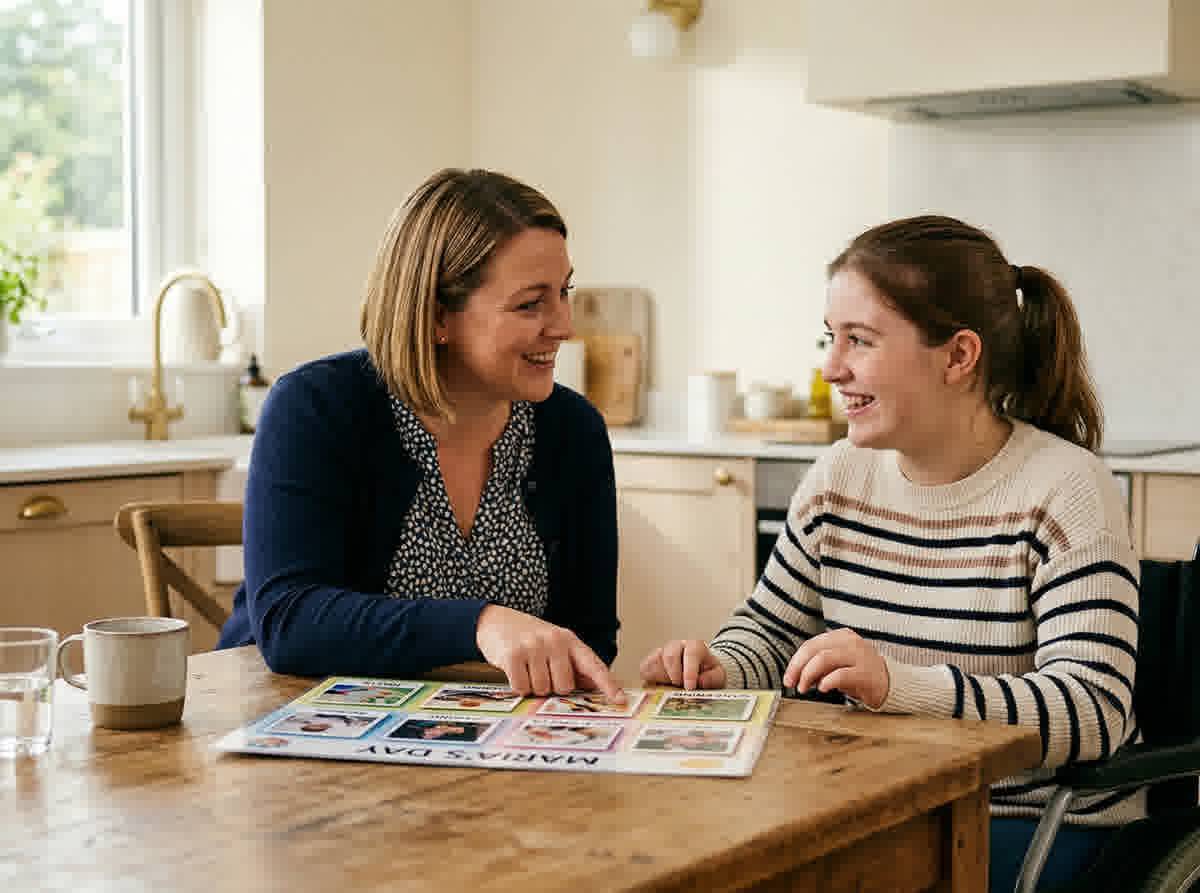 Support worker sitting with a person with disability discussing activity choices together, demonstrating person-centred choice-making in practice