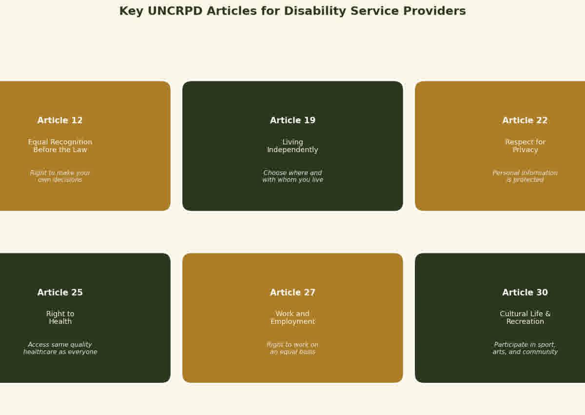 A visual chart showing the six key UNCRPD articles most relevant to disability service providers in Australia