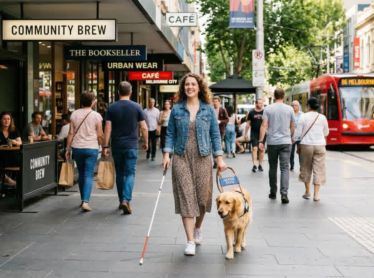 A person with disability confidently navigating their community independently, with a support worker nearby respecting their autonomy